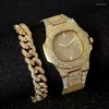 腕時計の女性女性のための時計贅沢なヒップホップはゴールドウォッチブレスレットキューバチェーンラインストーンブリングセットギフトreloj hombre