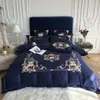 التطريز الأزرق الأزرق الأنيق الستين الساتان مغسول حرير الفراش مجموعة حاف القطن غطاء السرير بيدات ملاءمة ملاءمة السرير B225M