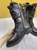 Läder Nylon Pouch Ankle Combat Boots Platform Wedges Lace-Up Round Toe Block Heels Flat Booties Chunky Luxury 0821