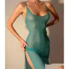 Urban Sexy Dresses Women Sling Dress Spaghetti Strap Low-Cut See-Through Slit For Club Party Skin-Friendly Casual Simple Style Blue- Dhbrq
