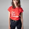 Zadig Voltaire 23SS Designer T Shirt Spring and Summer New French Style ZV Letter Flocking Hem Arc Cotton Women's Red Round Neck Kort ärm T-shirt