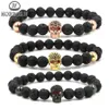 Hobborn Trendy Natural Lava Stone Bracelet Women Men Hip Hop Rose Gold Silver Color Charm CZ Skull Bracelets Pulsera Hombre220n