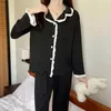 Frauen Nachtwäsche Frühling Pyjamas Set Black Ruffles Patchwork Home Anzug Langarm Tops Hosen Anzüge zweiteilige Kleidung