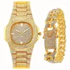 Armbanduhren Uhren für Männer Frauen Luxus Hip Hop Out Gold Watch Armband Kubanische Kette Strass Bling Set Geschenk Reloj Hombre