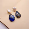 Stud Earrings KKGEM 18x25mm Blue Sea Sediment Jasper Drop White Coin Pearl Women Stones Jewelry