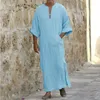 Men's Casual Shirts Jubba Thobe Kaftan Muslim Arab Islamic V-neck Short Sleeve Solid Cotton Linen Robes Fashion Arabia Man Abaya