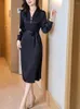 Casual Dresses Red Mulberry Silk Midi Bodycon Dress Women 2023 Spring Summer Long Sleeve Robes De Cocktail Fashion Black Elegant Party