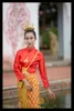 Etniska kläder thailand traditionella för kvinnor bröllop engagemang klänning stativ krage lång ärm röda toppar midjeband thailändska kläder