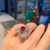 Stud Earrings European And American Premium Feeling Full Diamond Emerald Red Corundum Three Petal Flower Earring Ring Women's Wedding