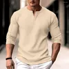 Мужские повседневные рубашки мужские четверть пуговица пулопер -вафель waffle henry шее с длинным рукавом сплошное классическое классическое рубашка Slim Fit Holiday мужчина