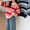 Kadın Sweaters Sonbahar Kış Çizgili Kızarmış Hamur Twistler Örme Süveter Uzun Kollu Örgü Retro Tembel Gevşek Üst