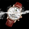 ساعة معصم Kinyued Men Tourbillon ساعات الساعات الأوتوماتيكية لساعة المعصم الميكانيكية ساعة القمر مرحلة الجلود غير الرسمية على مدار الساعة