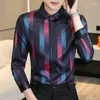 Men's Casual Shirts High Street Business Dress Shirt Men Fashion Slim Fit Long Sleeve Striped Mens Working Office Wear A64