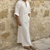 Men's Casual Shirts Jubba Thobe Kaftan Muslim Arab Islamic V-neck Short Sleeve Solid Cotton Linen Robes Fashion Arabia Man Abaya