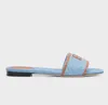 Die neuesten Damen-Sandalen, Hausschuhe, Absatz, Denim-Logo, Slide-Sandalen, flache Resort-Sandale, Damen-Outdoor-Casual-Flip-Flop-Strand-Flats zum Hineinschlüpfen, Box 35–42