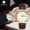 腕時計Wwoor Man's Watches Fashion Top Leather Waterproof Men Wristwatch Business Quartz with Date Week Male Reloj