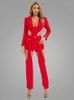 Women's Two Piece Pants Sexy V-Neck Long Sleeve Blazer Coat Long/Short Detachable 3 Set BodySuit Red Orange Cutout Trouser Runway