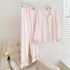 Женская одежда для сна весна лето женские пижамы набора сладкой розовой полосы с длинным рукавом костюмы повседневная шелковая атласная одежда домашняя одежда пижамы