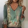 Blouses Femme Printemps Mode Imprimé Floral Boho Ethnique Rétro Col en V Haut Pour Femme Pull Automne Manches 3/4 Bureau Dames Chemises Harajuku