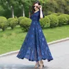 Basic Casual Dresses Summer Large Swing Lace Patchwork Chiffon V-neck Oversized Women's Dress Beach Solid Color High Waist Slim Elegant Long Dresses 230824