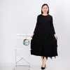 Basic Casual Dresses Miyake Pleated Women's Clothing 2023 Solid Color Fringed Beaded Dress Round Neck Long Sleeve Temperament Loose Elegant 230823