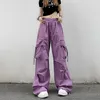 Calça feminina 2023 American Style Cargo Retro Mulheres Summer Summer Loose Harem Rua Celrão High Canche Feminino Purple Troushers