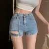 Shorts pour femmes Sexy fille strass gland femmes taille haute jean court sac mince hanches jambes larges jambe droite Denim pantalon