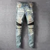 Men's Jeans 2021 Vintage Punk Spliced Men Zipper Pleated Designer For Motorcyle Blue Streetwear Worn Pants Trousers291D