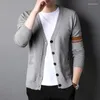 メンズセーターカーディガンvネック高品質の長袖シングル胸肉コンピュータニットビジネスカジュアル男性3xl