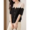 Kvinnors tröjor Summer Short Sleeve Button Sweater For Women V Neck Hollow Out Lace Patchwork Knitwears Elegant Sticked Shirt Casual Korean