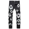 Hommes fleur imprimé jean mode contraste couleur épissé Stretch Denim pantalon peint mince pantalon droit bleu noir blancLF20230824.