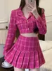 Two Piece Dress Fall Small Fragrance Vintage Tweed Two Piece Set Women Crop Top Woolen Short Jacket Coat Mini Skirts Sets Sweet 2 Piece Suits 230823