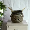 Handmade Bamboo Woven Flower Basket Black Grid Straw Wicker Dirty Laundry Organizer Foldable Seagrass Storage Baskets Plant Pot311b