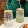 Wine Glasses 500ML Glass Cups With Lid And Straw Mason Jar Clear Juice Milk Cup Bamboo Lids Drinkware Simple Stripe Mocha