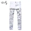 HMILY High Street Moda Masculina Jeans Night Club Branco Cor Pessoal Jeans Impresso Men Punk Calças Skinny Hip Hope Jeans X0279M