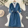 Robes décontractées Automne Vintage Denim Robe pour femmes 3/4 manches Patchwork Chemise Femme Cordon Jeans Robes Streetwear