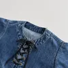 Felpa in denim stampato sul retro delle ragazze di moda INS bambini pizzo peathwork cowboy manica lunga maglione autunno bambini top casual S0417