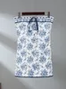 Basic Casual Dresses Floral Printed Off shoulder Women Dress Female Elegant Lace Up Blue Metal Button Skinny Spring Vacation Lady Mini 230823