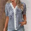 Women's T Shirts V Neck Lace Trim Floral Print Croped Ruffle Blouson Short Sleeve Lightweight Casual Street Style Solid Color Top