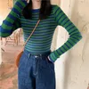 Women's Sweaters Green Stripped Sweater Knitted Crop Top And Blue Vintage Women Striped Ribbed Jumper Fitted Sleeve Pullover Kawaii