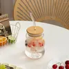 Wine Glasses 500ML Glass Cups With Lid And Straw Mason Jar Clear Juice Milk Cup Bamboo Lids Drinkware Simple Stripe Mocha