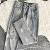 Men's Jeans Ripped Summer Thin Trousers Hip-hop Splashed Ink High Street Nine-point Harem Denim Pants Cowboy Jean