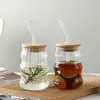 Wine Glasses 500ML Glass Cups With Lid And Straw Mason Jar Clear Juice Milk Cup Bamboo Lids Drinkware Simple Stripe Mocha