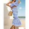 Two Piece Dress Australian Trendy Ruffled Heavy Embroidered One Shoder Short Top With A Slim High Waisted Fishtail Skirt Set Drop De Dhyc4