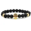 Hobborn Trendy Natural Lava Stone Bracelet Women Men Hip Hop Rose Gold Silver Color Charm CZ Skull Bracelets Pulsera Hombre220n