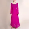 Vestidos casuais designer de pista roxa chiffon maxi vestido 2023 primavera no verão vintage manga longa férias elegantes plissados