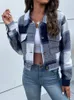 Women's Jackets JIM & NORA Winter Plaid Shirts Blouses Retro Lapel Loose Slim Casual Cropped Jacket Lady Cardigan Long Sleeve Outerwear