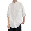 Men's Casual Shirts 3/4 Sleeve Men Shirt Stylish Stand Collar Solid Color Loose Fit Workwear For A Trendy Look