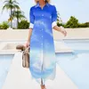 Casual Dresses White Cloud Chiffon Dress Sexy V Neck Dramatic Blue Sky Elegant Ladies Street Style Gift