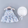 Flickans klänningar 2st babyflickor ärmlöst tusensköna tryck tillbaka Big Bow Decor Beach Dress Hat Set Kids Summer Clothes R230824